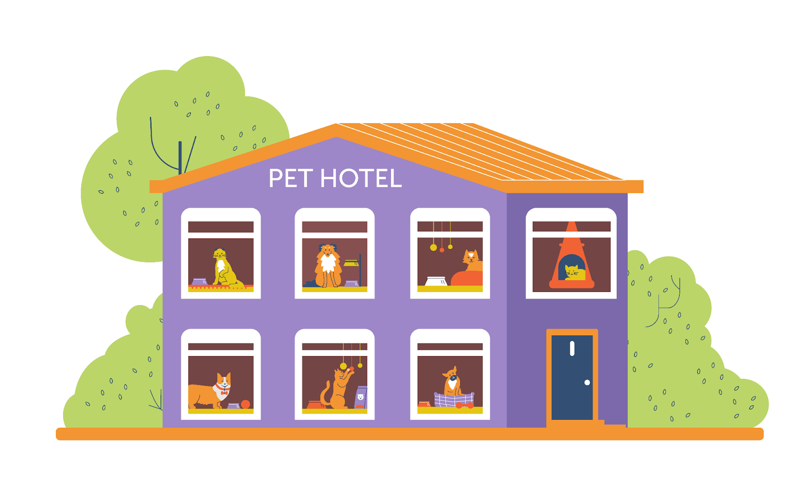 Ilustración de un hotel para perros y gatos en Panamá, con ventanas que muestran a diferentes mascotas haciendo distintas actividades.